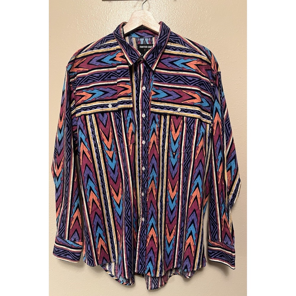 Vtg Wrangler Frontier Series Western Shirt Southwestern Aztec Tribal Rodeo Mens